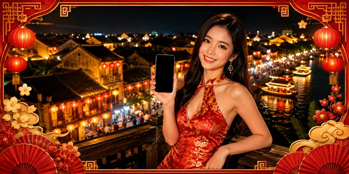 Người dùng đăng nhập tài khoản casino trên điện thoại giữa không gian đèn lồng Hội An